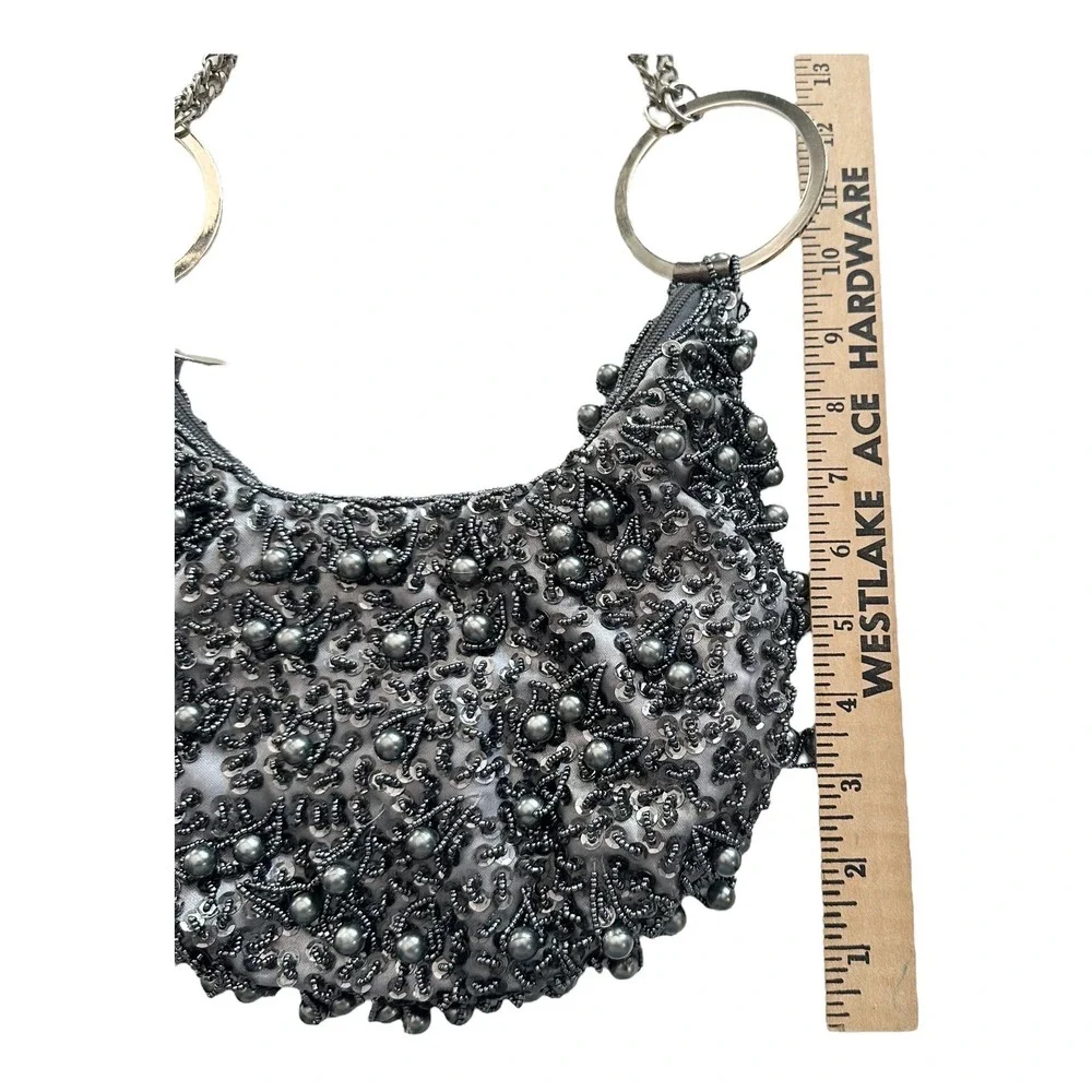 Vintage Silver Beaded Sequin Hobo Bag Chain Ring Handle Evening Purse Mini
